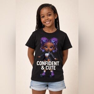 Confident & Cute Black Graphic Tee with Purple Doll
